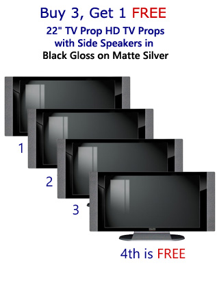 Buy 3 Get 1 Free (4-Pack) 22" HD TV Props with Side Speakers in Gloss Black on Matte Silver