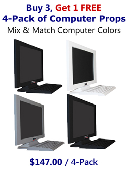 Buy 3 Get 1 FREE - 4 Pack of Fake Computer Prop Monitor & Keyboard Sets in Your Choice of Colors