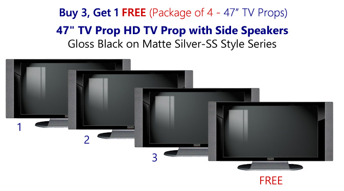 Buy 3 Get 1 Free (4-Pack) 47" HD TV Props with Side Speakers in Gloss Black on Matte Silver