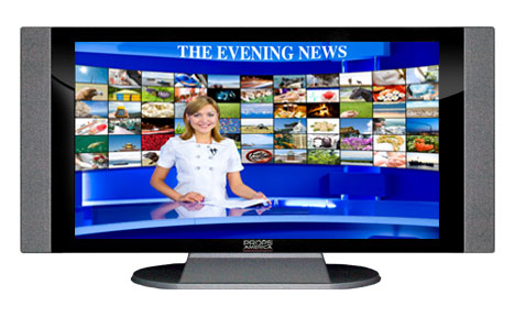 47" TV Prop HD TV Prop with Side Speakers in Gloss Black on Matte Silver-SS Style Series with Evening News Screen