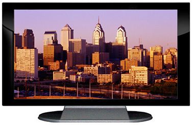 27" TV Prop Plasma-LED Flat Screen TV in Gloss Black on Matte Silver-XX Style Series with Philadelphia at Sunset Screen