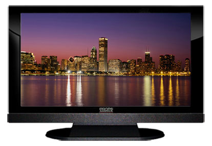 22" TV Prop LED HDTV Prop with Bottom Speaker in Gloss Black on Matte Black-BB Style Series with  Chicago at Sunset Screen