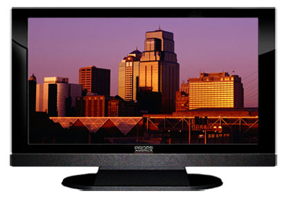 22" TV Prop LED HDTV Prop with Bottom Speaker in Gloss Black on Matte Black-BB Style Series with  Kansas City at Sunset Screen