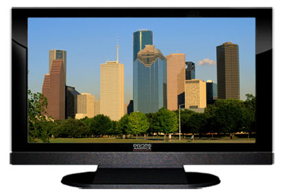 22" TV Prop LED HDTV Prop with Bottom Speaker in Gloss Black on Matte Black-BB Style Series with  Houston in the Afternoon Sun Screen