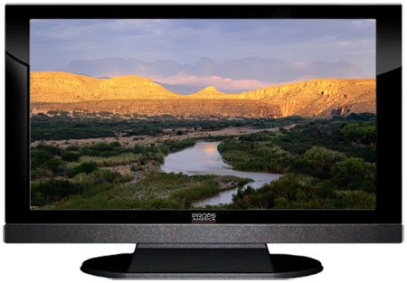 22" TV Prop LED HDTV Prop with Bottom Speaker in Gloss Black on Matte Black-BB Style Series with  Rio Grande and the Chisos Mountains Screen