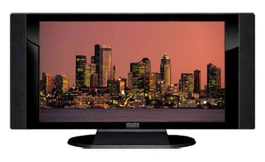 47" TV Prop HD TV Prop with Side Speakers in Gloss Black on Matte Black-SS Style Series with Seattle at Dusk Screen