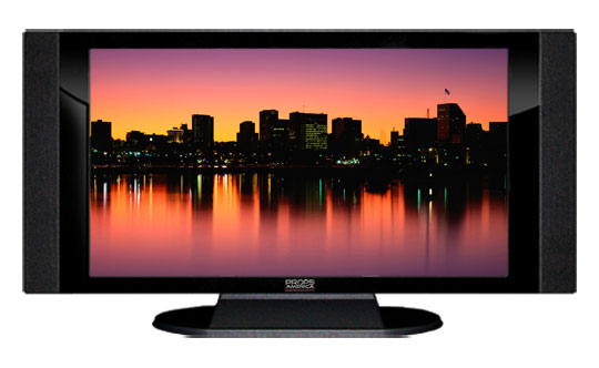 47" TV Prop HD TV Prop with Side Speakers in Gloss Black on Matte Black-SS Style Series with San Diego Sunrise Screen