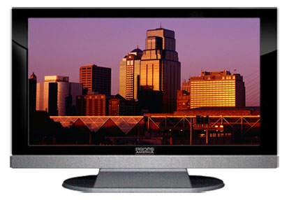 47" TV Prop LED HDTV Prop with Bottom Speaker in Gloss Black on Matte Silver-BB Style Series with Kansas City at Sunset Screen