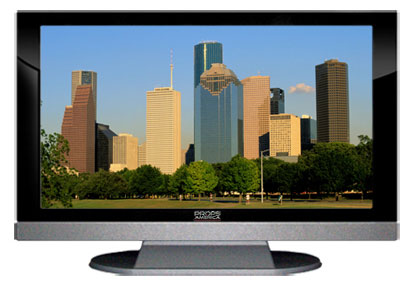 47" TV Prop LED HDTV Prop with Bottom Speaker in Gloss Black on Matte Silver-BB Style Series with Houston in the Afternoon Sun Screen