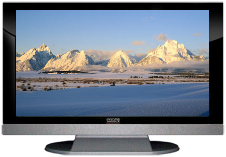 47" TV Prop LED HDTV Prop with Bottom Speaker in Gloss Black on Matte Silver-BB Style Series with Grand Tetons in the Winter Screen