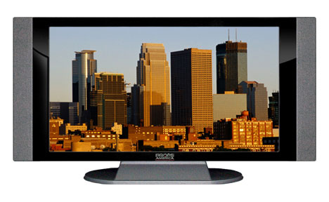 32" TV Prop HD TV Prop with Side Speakers in Gloss Black on Matte Silver-SS Style Series with Minneapolis Screen