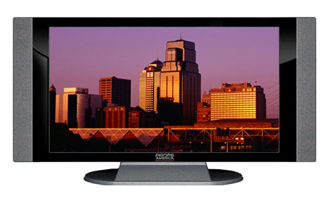 32" TV Prop HD TV Prop with Side Speakers in Gloss Black on Matte Silver-SS Style Series with Kansas City at Sunset Screen