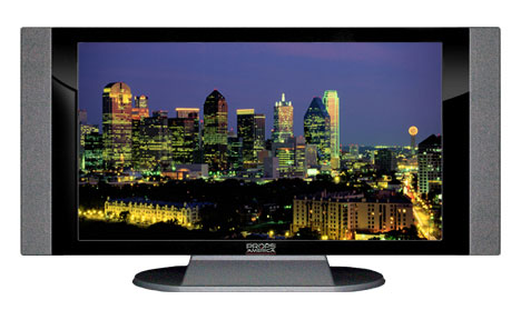 32" TV Prop HD TV Prop with Side Speakers in Gloss Black on Matte Silver-SS Style Series with Dallas at Night Screen