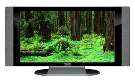 32" TV Prop HD TV Prop with Side Speakers in Gloss Black on Matte Silver-SS Style Series with Redwood Forest Screen