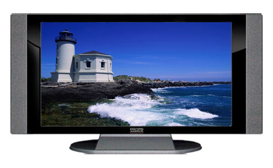 52" TV Prop HD TV Prop with Side Speakers in Gloss Black on Matte Silver-SS Style Series with Lighthouse Screen