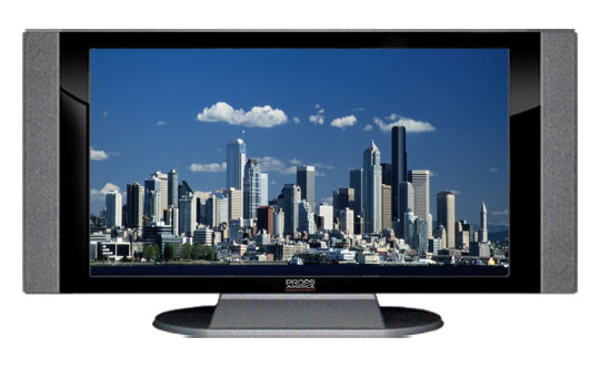 22" TV Prop HD TV Prop with Side Speakers in Gloss Black on Matte Silver-SS Style Series with Seattle Screen