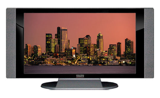 22" TV Prop HD TV Prop with Side Speakers in Gloss Black on Matte Silver-SS Style Series with Seattle at Dusk Screen