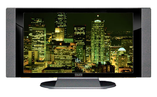 22" TV Prop HD TV Prop with Side Speakers in Gloss Black on Matte Silver-SS Style Series with Seattle at Night Screen