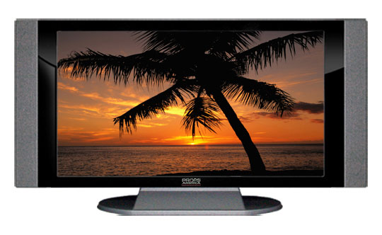 47" TV Prop HD TV Prop with Side Speakers in Gloss Black on Matte Silver-SS Style Series with Tropical Sunset Screen