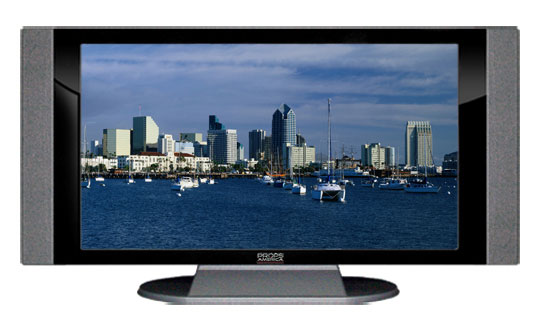 32" TV Prop HD TV Prop with Side Speakers in Gloss Black on Matte Silver-SS Style Series with San Diego Screen