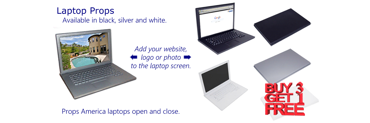 Buy Props America faux laptop computer props here. Fake laptop props are available in black, silver and white.